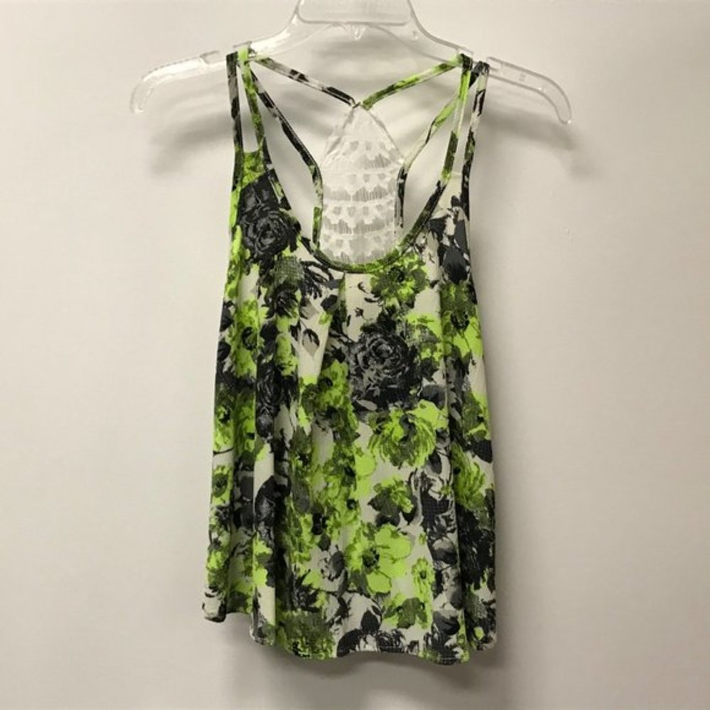 NWOT Duet 28 retro Neon Lime Green Floral Tank Top
